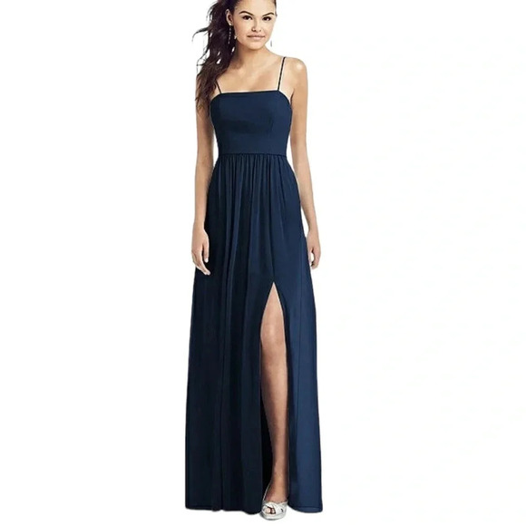 Dessy Thread Spaghetti Strap Chiffon Bridesmaid Dress Front Slit Gown Navy 12 - Picture 10 of 10